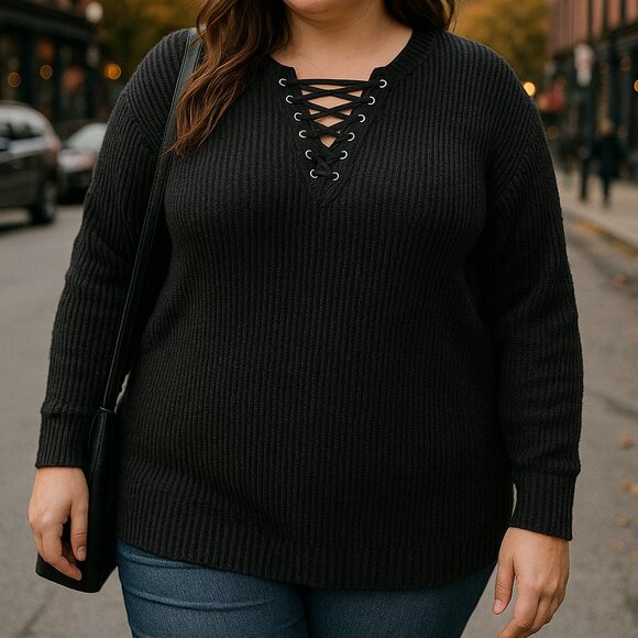 Torrid Black Ribbed Lace-Up Knit Sweater 3X - (Fall Collection) - Picture 1 of 13